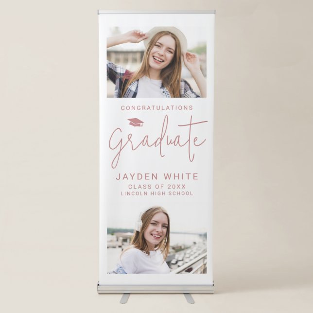 Pink Simple Modern Script Photo Graduation Party Retractable Banner (Front)