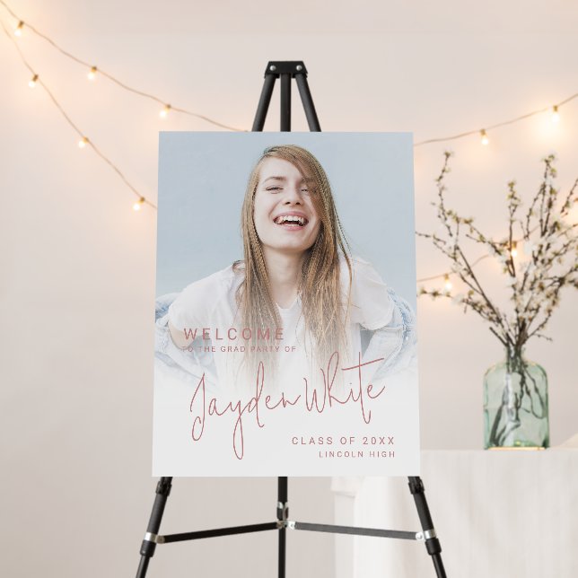 Pink Simple Modern Script Photo Graduation Welcome Foam Board (In Situ (Stand))
