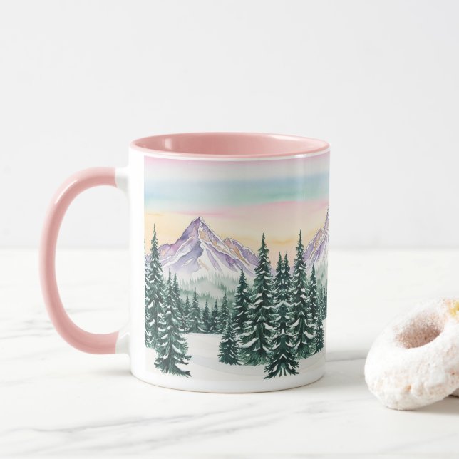 pink simple Modern xmas pine tree snow Aurora Mug (With Donut)