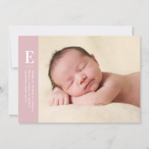 Pink Simple Monogram Girls Photo Birth Announcement