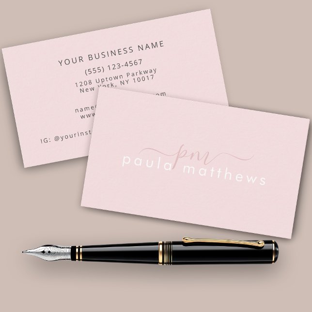 Pink Simple Name and Monogram Initials Business Card (Creator Uploaded)