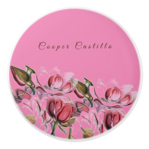 Pink Simple Professional Calligraphy Magnolias Ceramic Knob