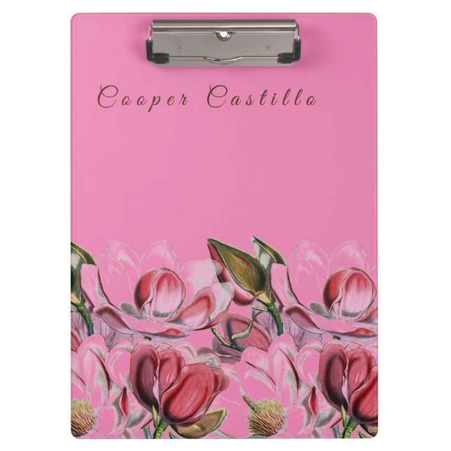 Pink Simple Professional Calligraphy Magnolias Clipboard (Front)