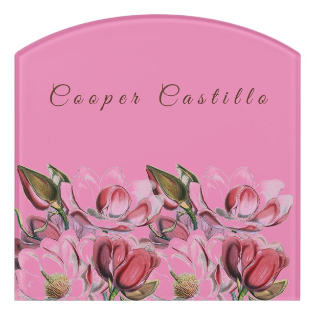 Pink Simple Professional Calligraphy Magnolias Door Sign (Contour Front)