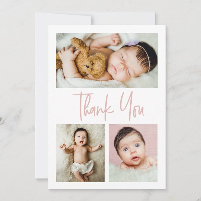Pink Simple script multiple photos collage baby Thank You Card (Front)