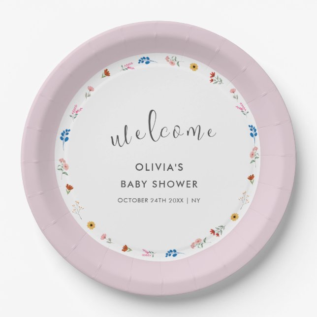 Pink Simple Tiny Wildflower Baby Shower Welcome Paper Plates (Front)