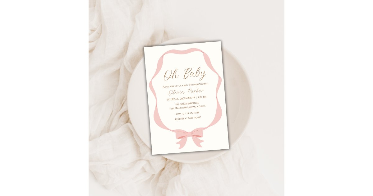 Pink Simple Vintage Bow Frame Girl Baby Shower Invitation | Zazzle