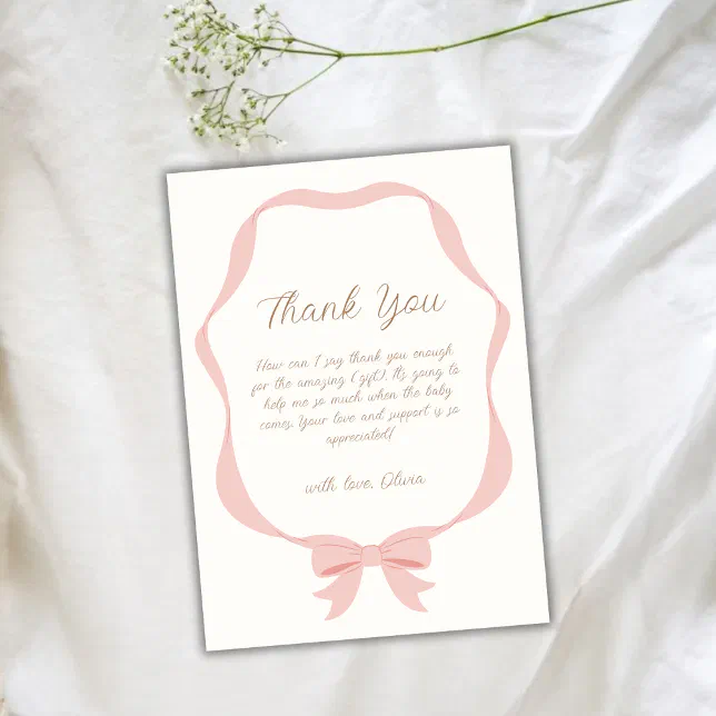 Pink Simple Vintage Bow Girl Baby Shower Thank You Card | Zazzle