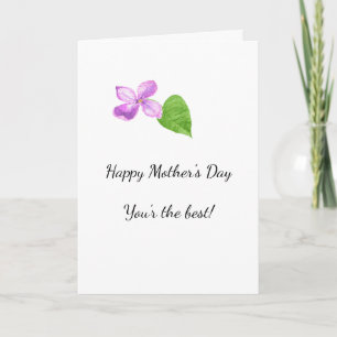 Pink single lilac flower and leaf watercolor card