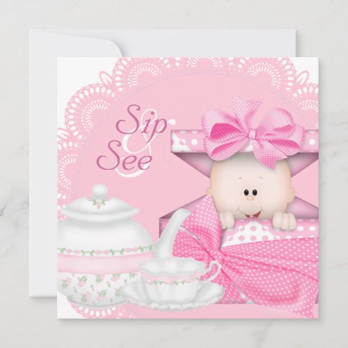 Pink Sip and See Baby Girl Shower Invitation