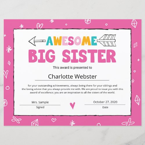 Pink Sister Certificate Big Sister Certificate