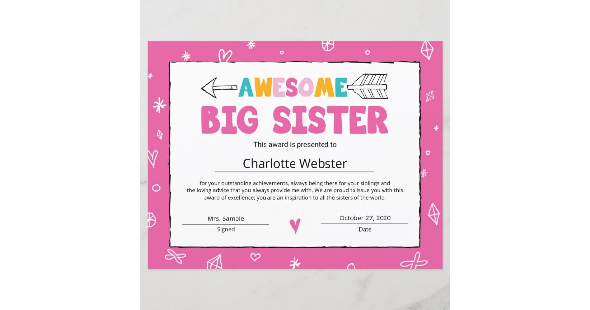 Pink Sister Certificate Big Sister Certificate | Zazzle
