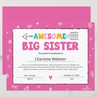 Pink Sister Certificate Big Sister Certificate | Zazzle