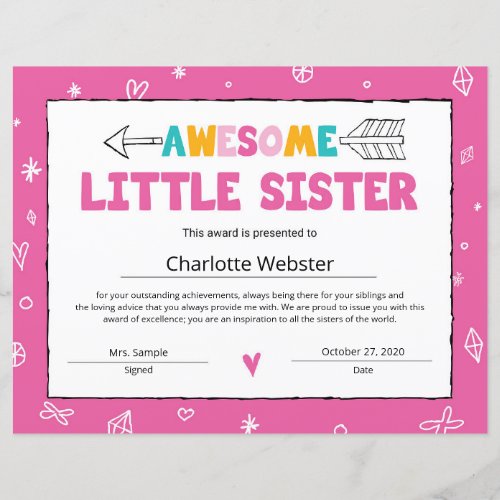 Pink Sister Certificate Little Sister Certificate