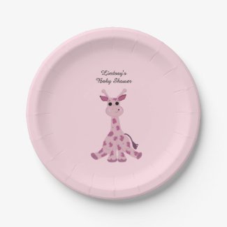 Pink Sitting Giraffe Baby Shower Paper Plate