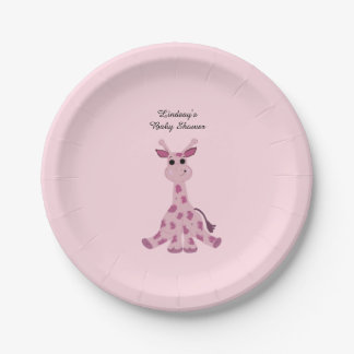 Pink Sitting Giraffe Baby Shower Paper Plates