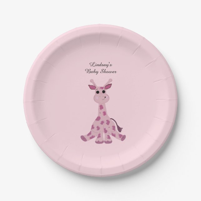 Pink Sitting Giraffe Baby Shower Paper Plates (Front)