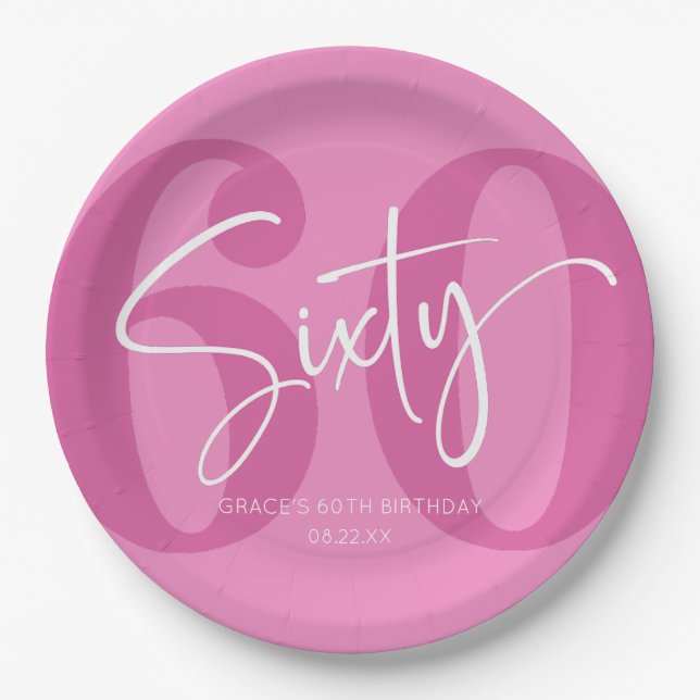 Pink Sixty 60th Sixtieth Birthday Party Paper Plates (Front)