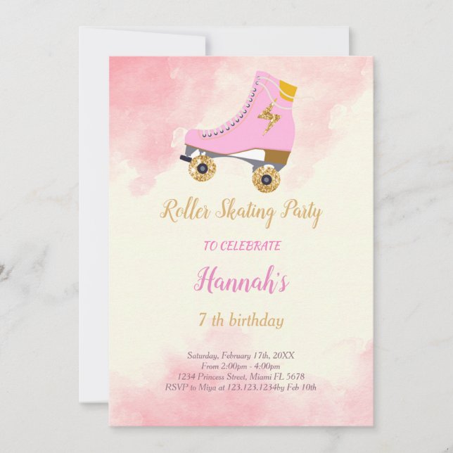 Pink skate birthday invitation (Front)