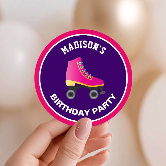 Pink Skate Roller Skating Birthday Party Favor Classic Round Sticker (Creator Uploaded)