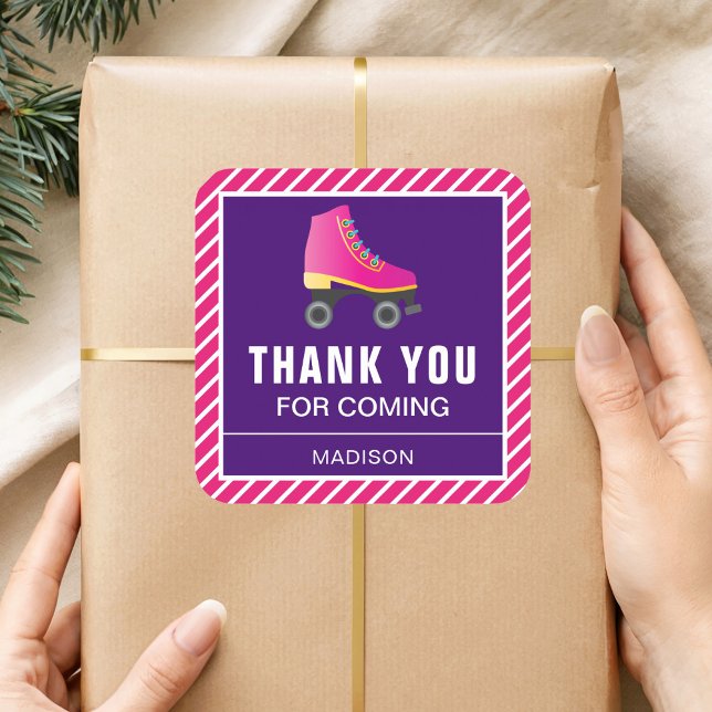 Pink Skate Roller Skating Birthday Party Favor Square Sticker (Creator Uploaded)