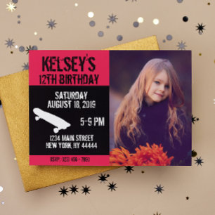 Pink Skateboard Birthday, Skate board, Girl Invitation