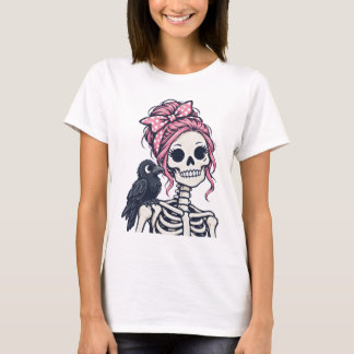 Pink Skeleton Girl Raven  T-Shirt