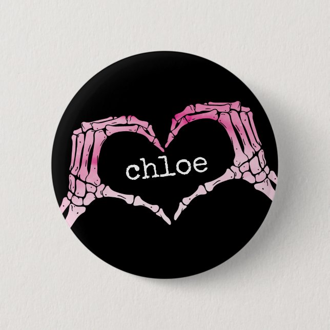 Pink Skeleton Hand love heart symbol, Girl Teen Button (Front)