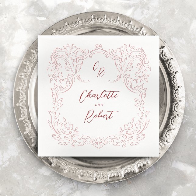 Pink Sketched Vintage Flourish Monogram Wedding Napkins (Pink Sketched Vintage Flourish Monogram Wedding Napkins)