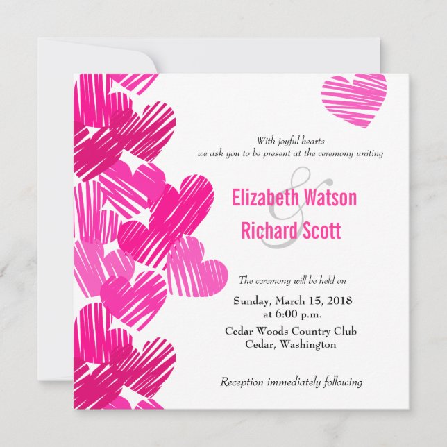 Pink sketchy hearts wedding invitation (Front)