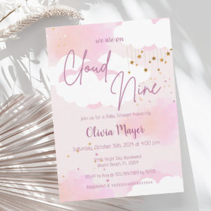 Pink Ski Cloud Nine Girl Watercolor Baby Shower Invitation