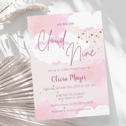 Pink Ski Cloud Nine Girl Watercolor Baby Shower  Invitation