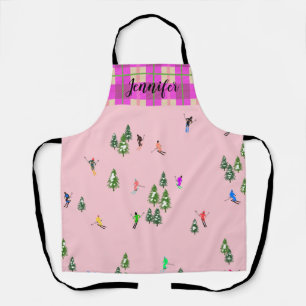 Pink Skiers Ski Christmas Skiing Holiday Name Apron