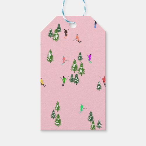 Pink Skiers Ski Opening Christmas Skiing Holiday   Gift Tags