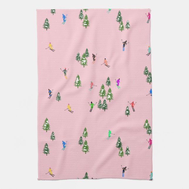 Pink Skiers Ski Opening Christmas Skiing Holiday   Kitchen Towel (Vertical)
