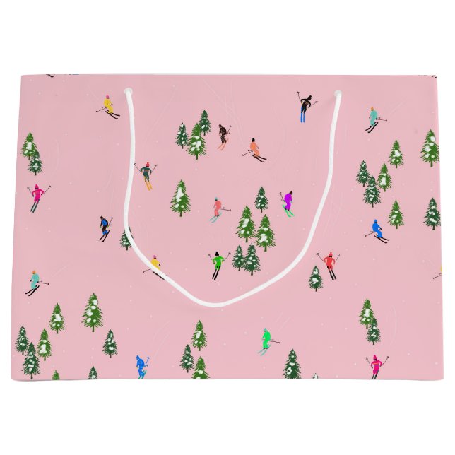 Pink Skiers Ski Opening Christmas Skiing Holiday  Large Gift Bag (Front)