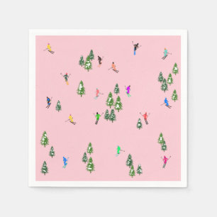 Pink Skiers Ski Opening Christmas Skiing Holiday   Napkins