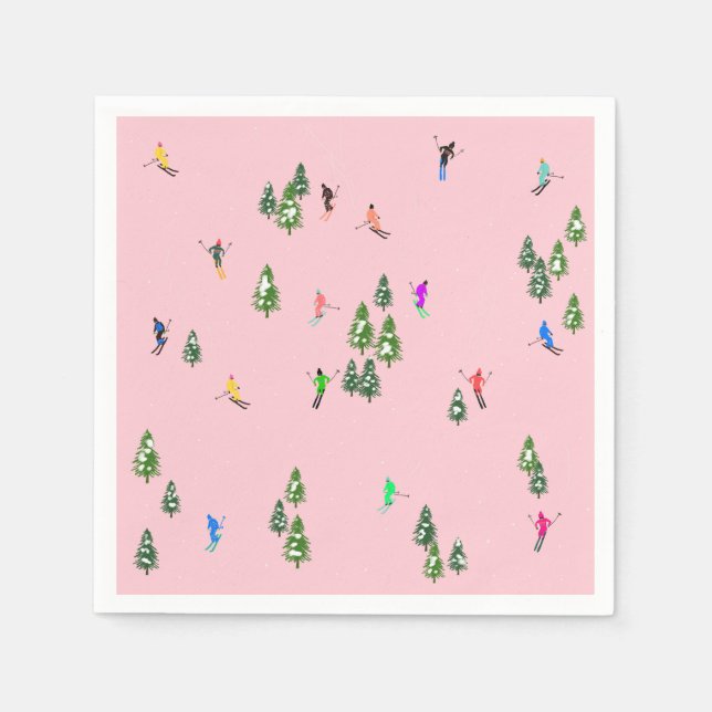 Pink Skiers Ski Opening Christmas Skiing Holiday   Napkins (Front)