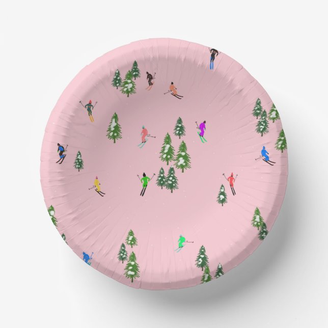 Pink Skiers Ski Opening Christmas Skiing Holiday Paper Bowls (Front)