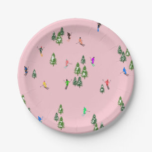 Pink Skiers Ski Opening Christmas Skiing Holiday   Paper Plates