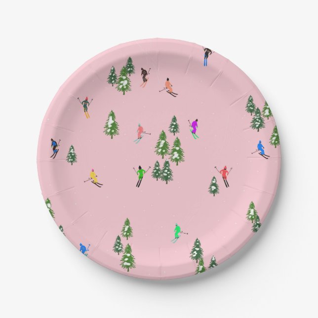 Pink Skiers Ski Opening Christmas Skiing Holiday   Paper Plates (Front)