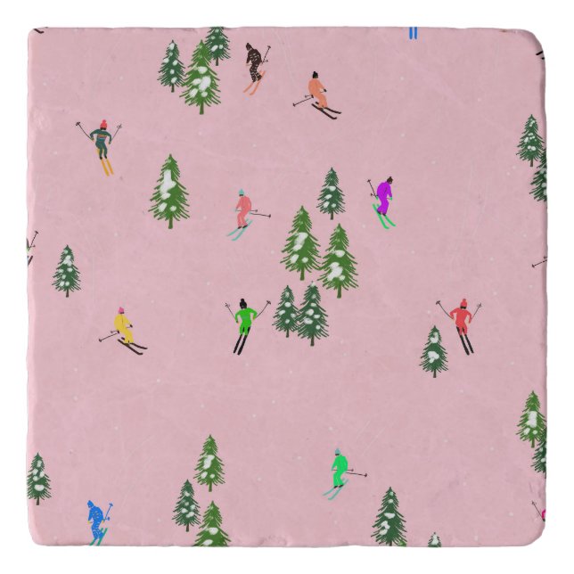 Pink Skiers Ski Opening Christmas Skiing Holiday  Trivet (Front)