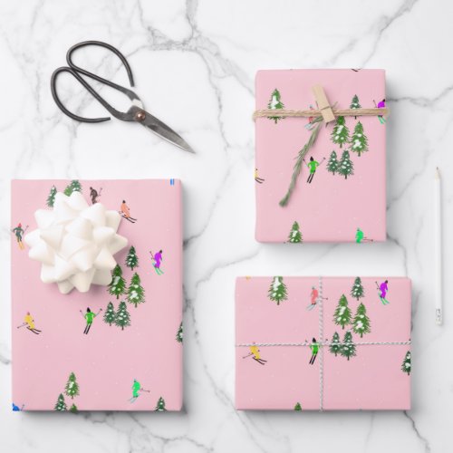 Pink Skiers Ski Opening Christmas Skiing Holiday Wrapping Paper Sheets