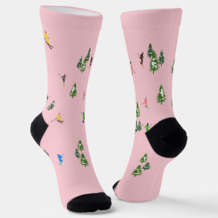 Pink Skiers Ski Skiing Socks