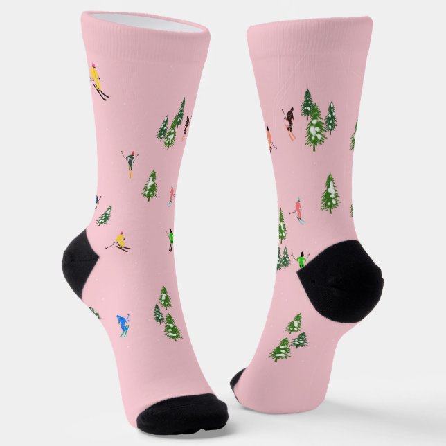 Pink Skiers Ski Skiing  Socks (Angled)