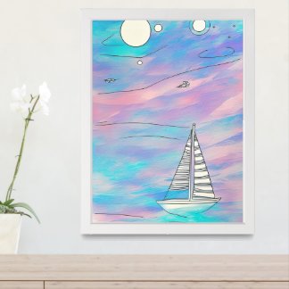"Pink Skies At Night", Sailing Boat, Watercolor Framed Art