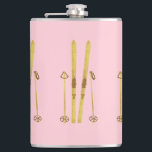 Pink Skis And Poles | Vintage Ski Illustration Flask<br><div class="desc">Modern Alpine ski,  skiing,  skier-themed design with gold skis and gold poles. Simple festive holiday gold ski illustration for ski lovers.</div>