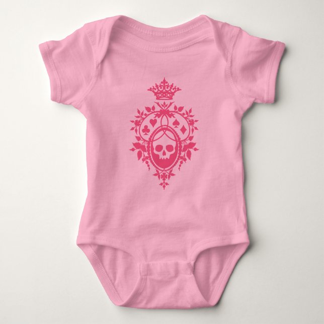 Pink Skull And Card Suits Crest Baby Bodysuit (Front)