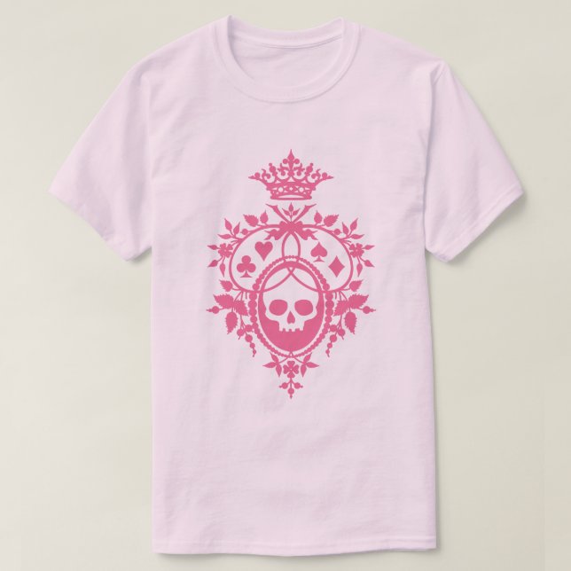 Pink Skull And Card Suits Crest T-Shirt (Design Front)