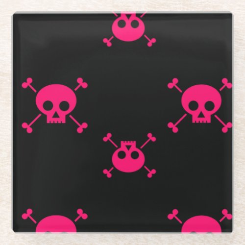 Pink skull and crossbones on black glass coaster